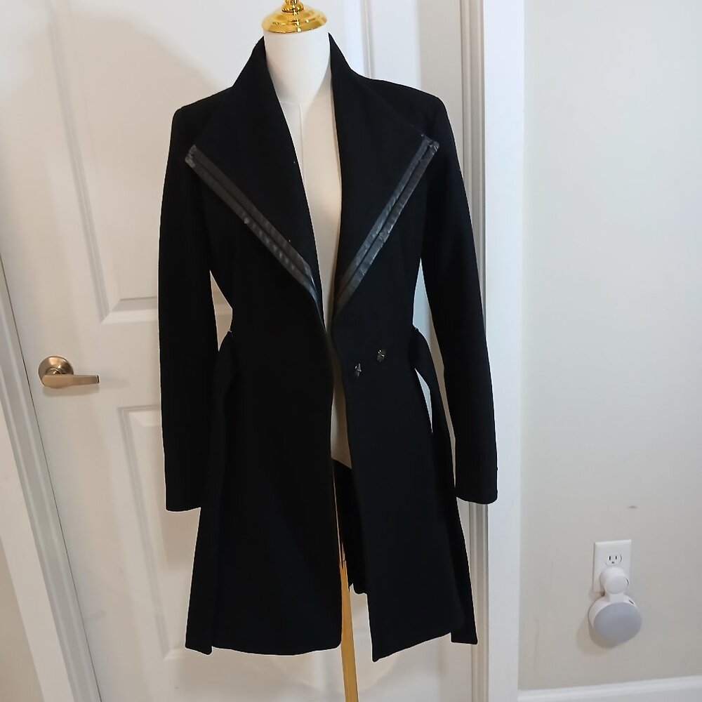 Calvin Klein Wool Blend Belted Coat Women's Size 4 Black Faux Leather Trim